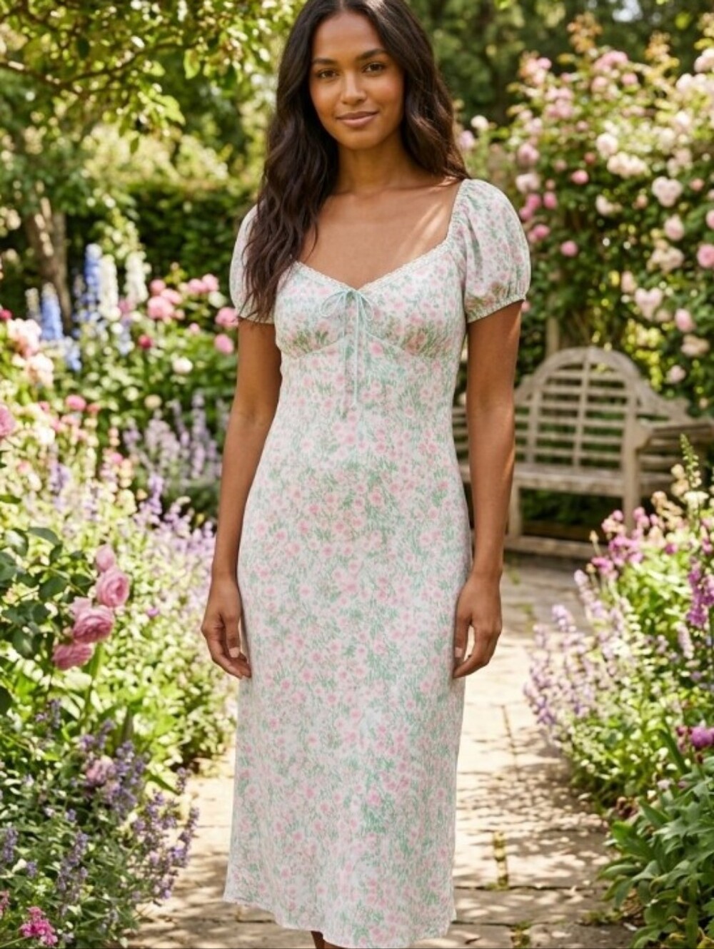 Floral Puff-Sleeve Midi Dress - Pink & Green